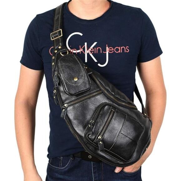 NEW Black Leather Genuine Cowhide Leather Sling Crossbody Bag - Picture 6 of 6